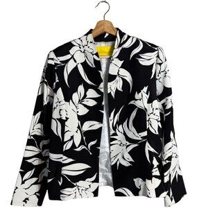 Flores & Flores 100% Silk Floral Open Front Blazer Jacket Women's 10 Black White